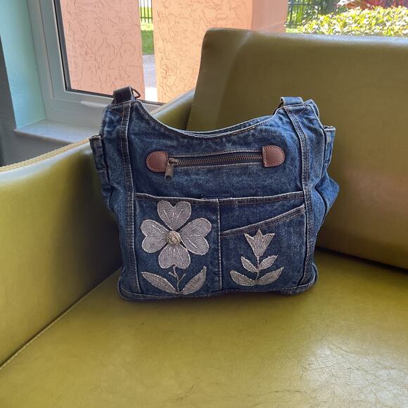 Y2K Upcycled Vintage Handmade Denim Shoulder Bag With Floral Embroidery - Picture 3 of 15